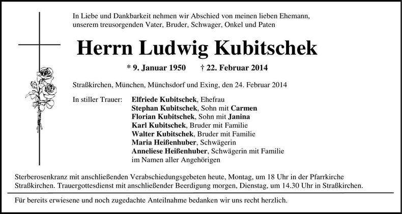 Traueranzeige Ludwig Kubitschek