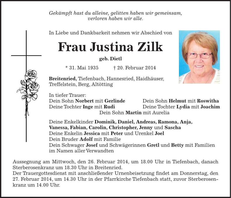 Traueranzeige Justina Zilk