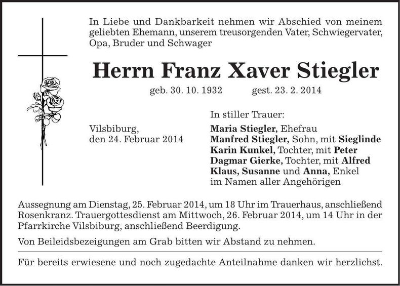 Traueranzeige Franz Xaver Stiegler