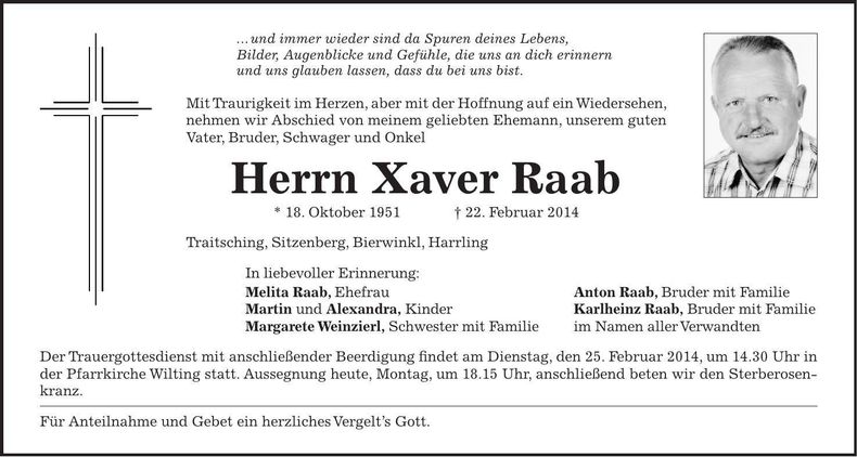 Traueranzeige Xaver Raab