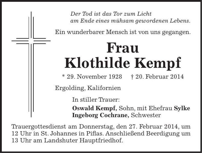 Traueranzeige Klothilde Kempf