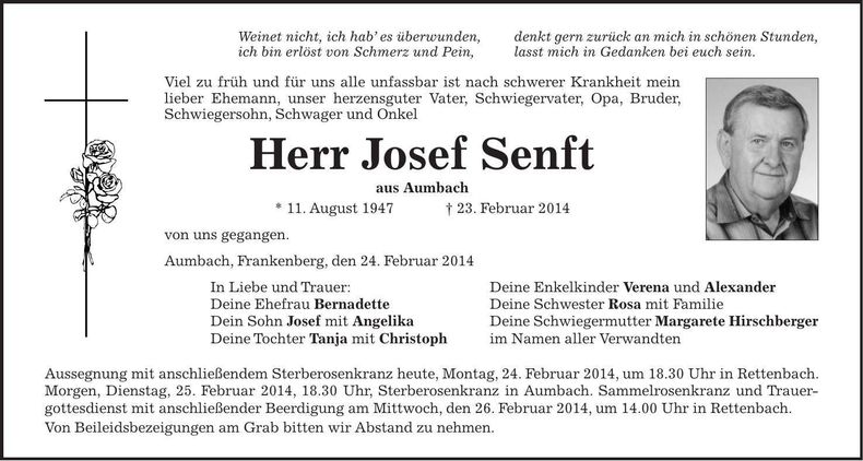Traueranzeige Josef Senft