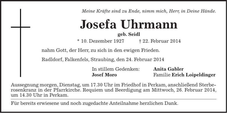 Traueranzeige Josefa Uhrmann