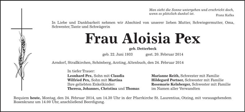Traueranzeige Aloisia Pex