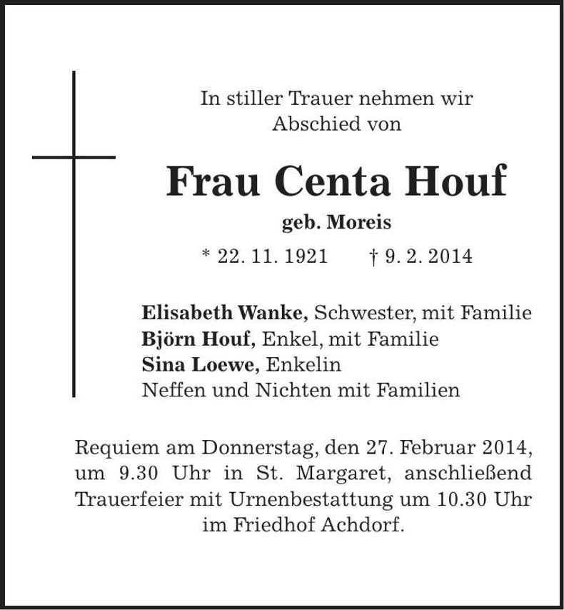 Traueranzeige Centa Houf