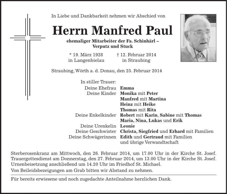 Traueranzeige Manfred Paul