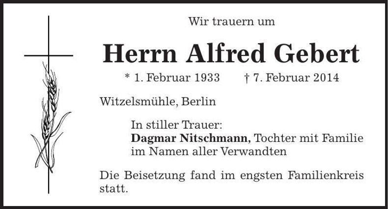 Traueranzeige Alfred Gebert