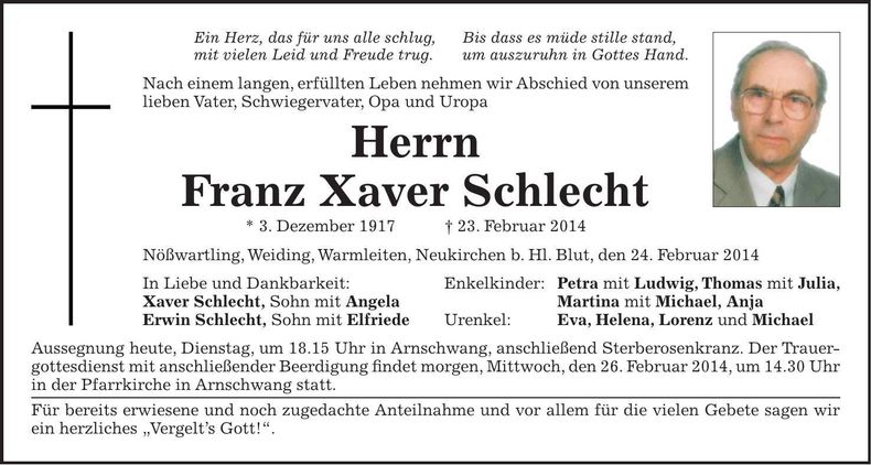 Traueranzeige Franz Xaver Schlecht