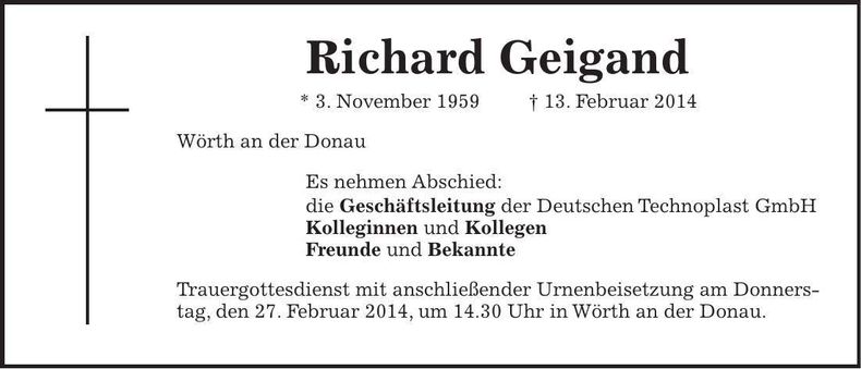 Traueranzeige Richard Geigand