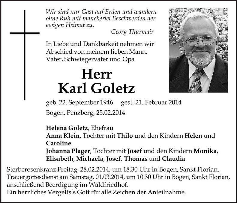 Traueranzeige Karl Goletz