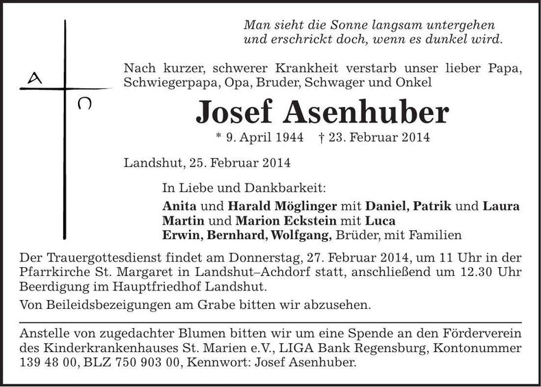 Traueranzeige Josef Asenhuber