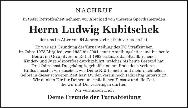 Traueranzeige Ludwig Kubitschek