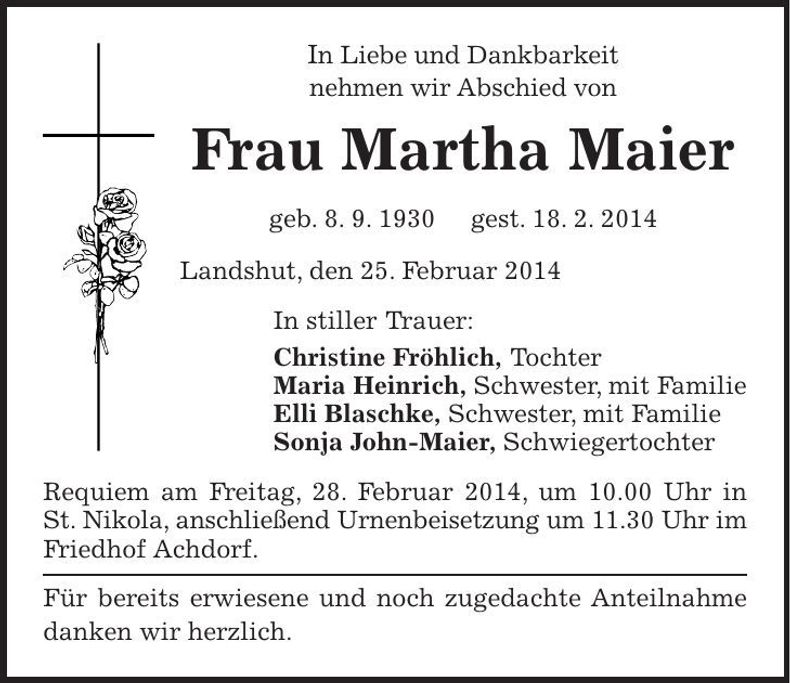 Traueranzeige Martha Maier