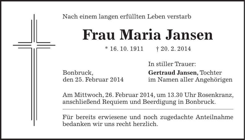 Traueranzeige Maria Jansen