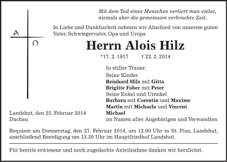 Traueranzeige Alois Hilz