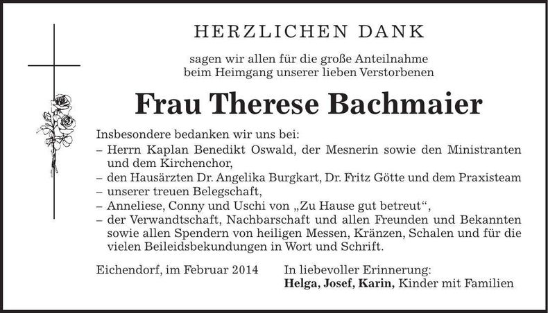 Traueranzeige Therese Bachmaier