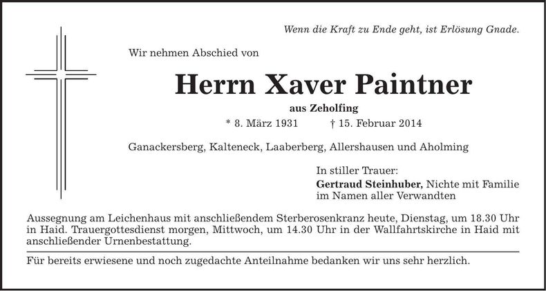 Traueranzeige Xaver Paintner