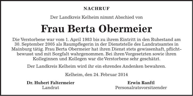 Traueranzeige Berta Obermeier