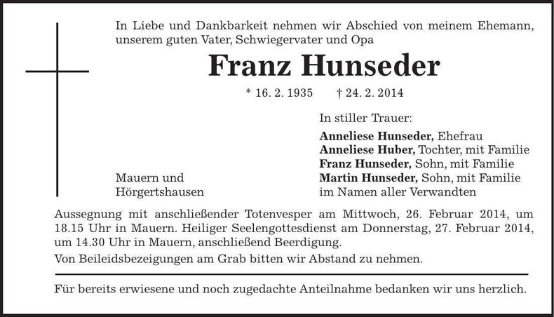 Traueranzeige Franz Hunseder