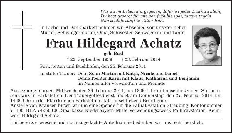 Traueranzeige Hildegard Achatz