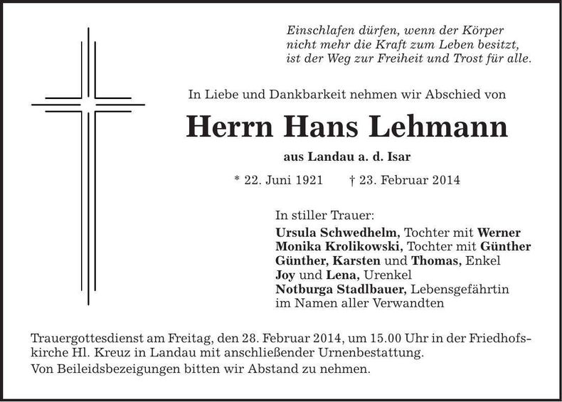 Traueranzeige Hans Lehmann