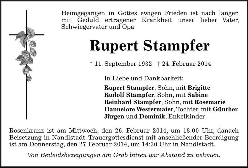 Traueranzeige Rupert Stampfer