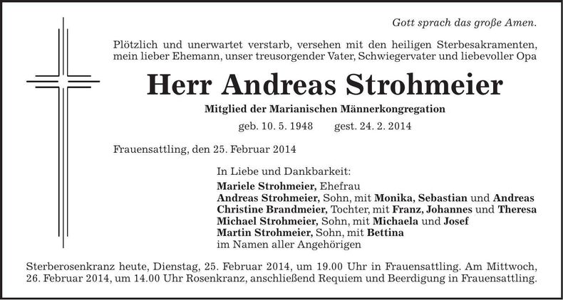 Traueranzeige Andreas Strohmeier