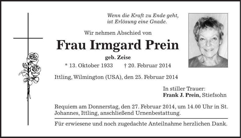 Traueranzeige Irmgard Prein