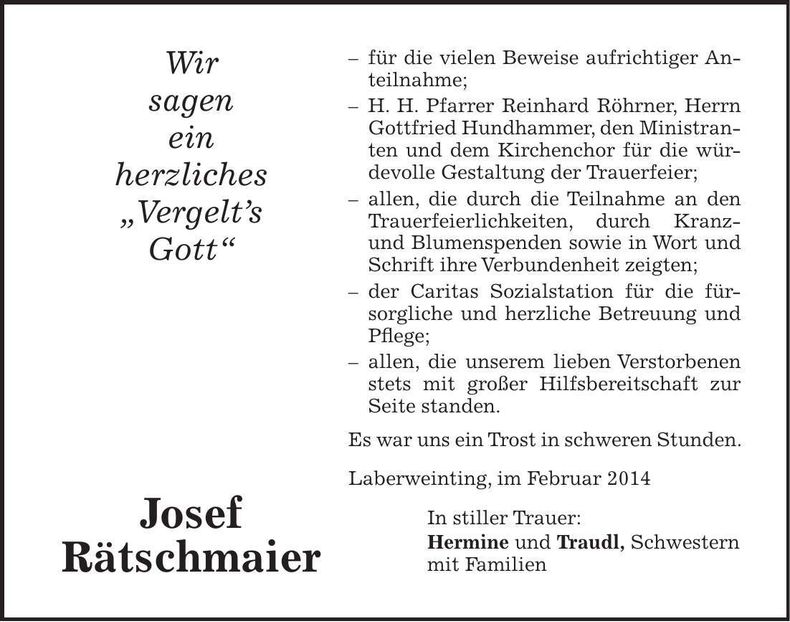 Traueranzeige Josef Rätschmaier