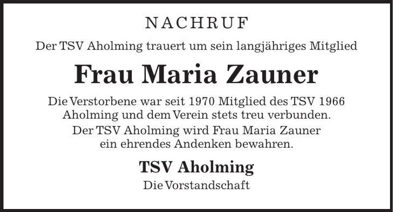Traueranzeige Maria Zauner