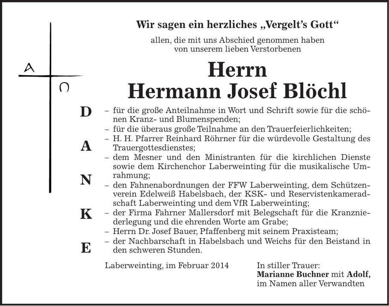 Traueranzeige Hermann Josef Blöchl