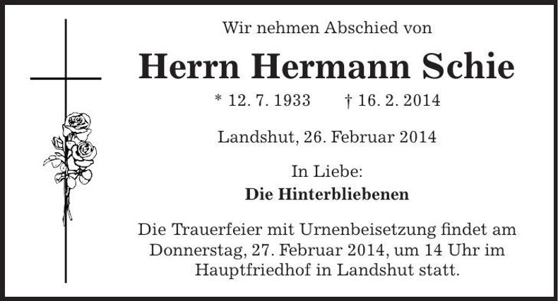 Traueranzeige Hermann Schie