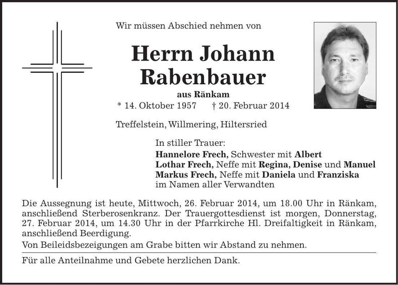 Traueranzeige Johann Rabenbauer