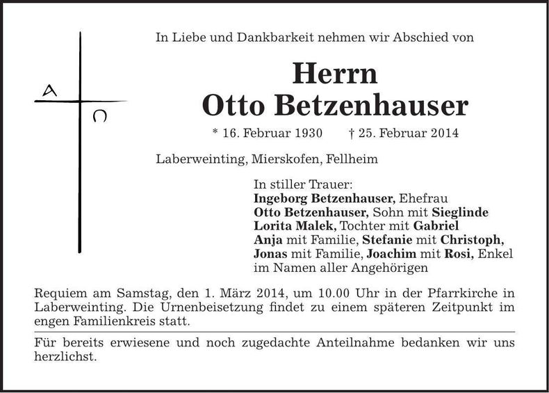 Traueranzeige Otto Betzenhauser