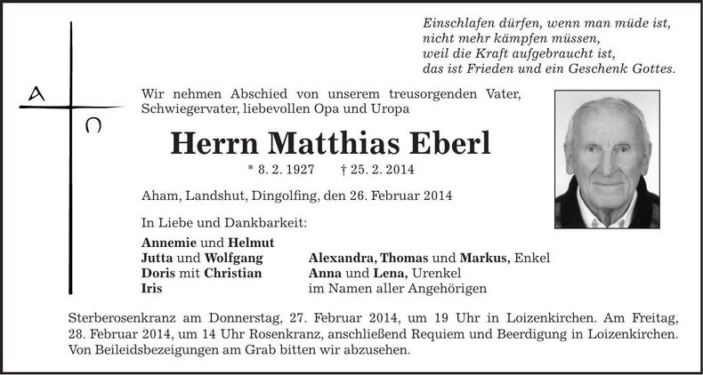 Traueranzeige Matthias Eberl