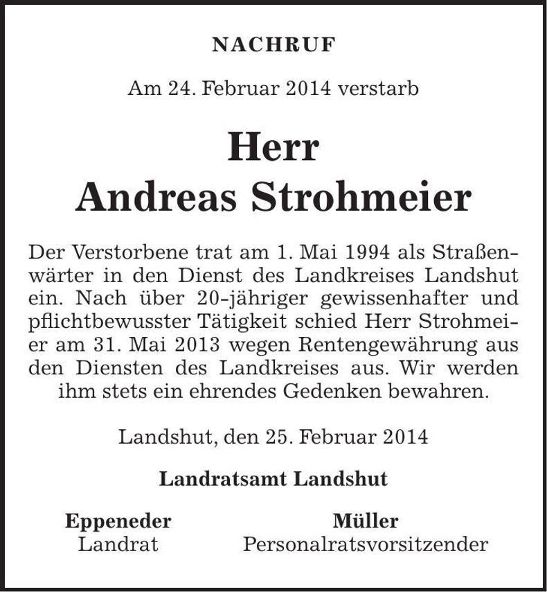 Traueranzeige Andreas Strohmeier