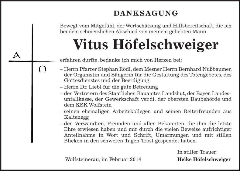 Traueranzeige Vitus Höfelschweiger
