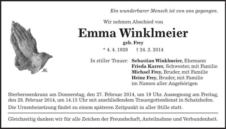 Traueranzeige Emma Winklmeier