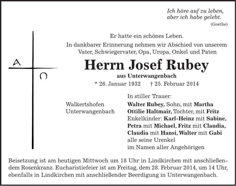 Traueranzeige Josef Rubey
