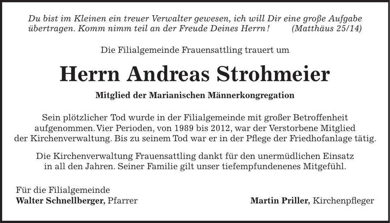 Traueranzeige Andreas Strohmeier