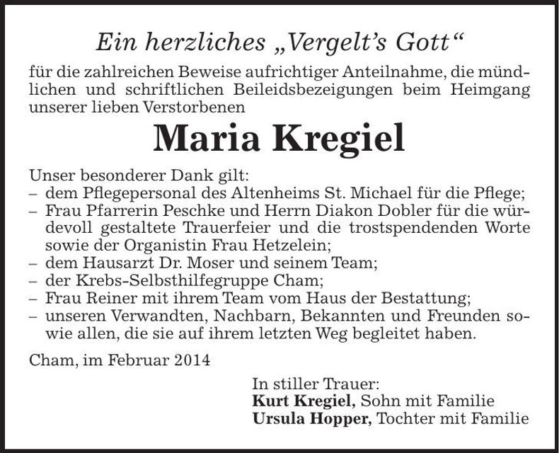 Traueranzeige Maria Kregiel