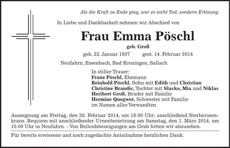 Traueranzeige Emma Pöschl