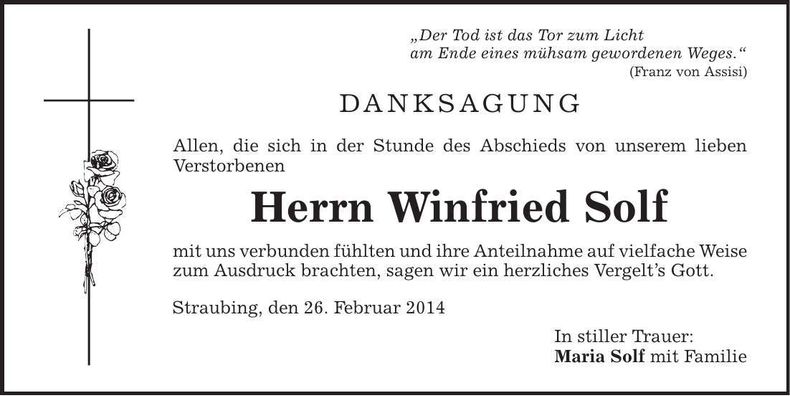 Traueranzeige Winfried Solf