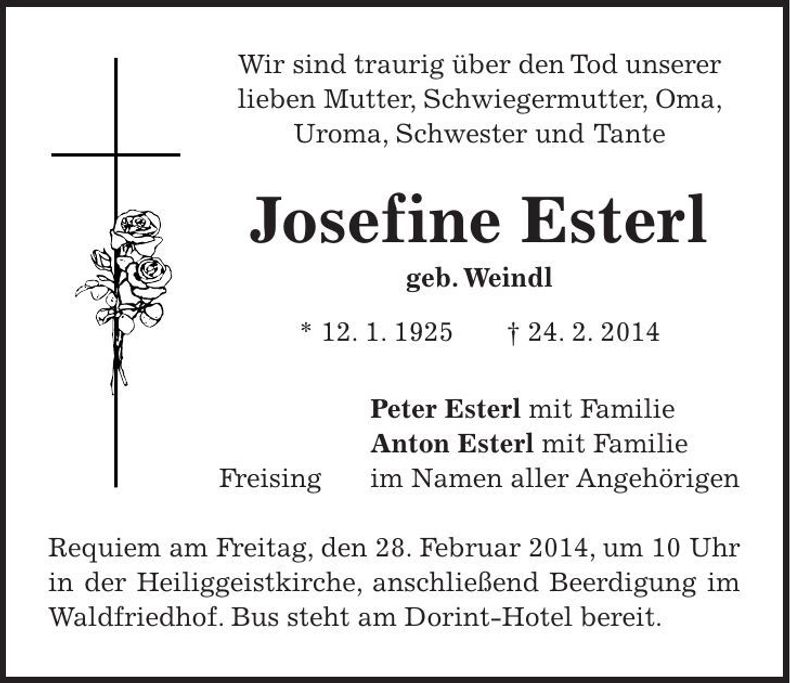 Traueranzeige Josefine Esterl