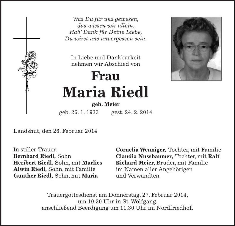 Traueranzeige Maria Riedl