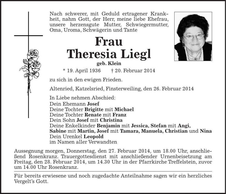 Traueranzeige Theresia Liegl