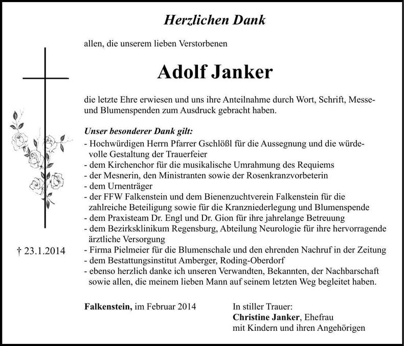 Traueranzeige Adolf Janker