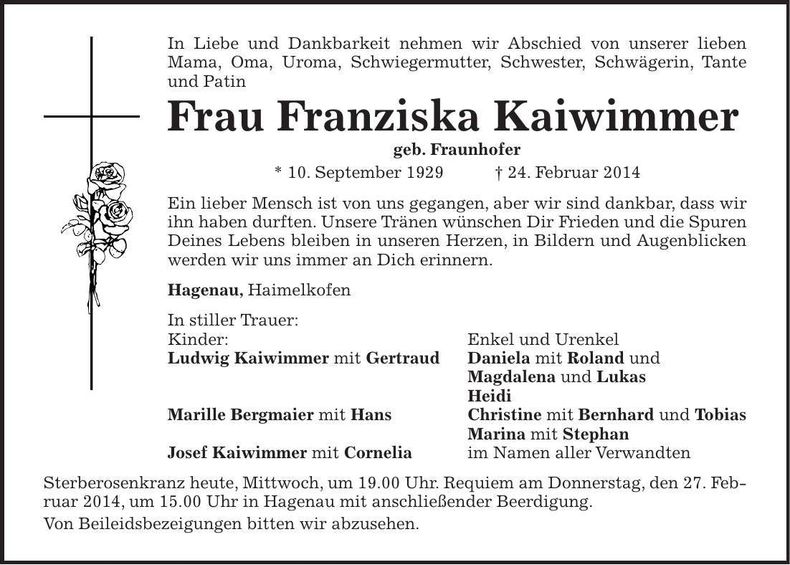 Traueranzeige Franziska Kaiwimmer