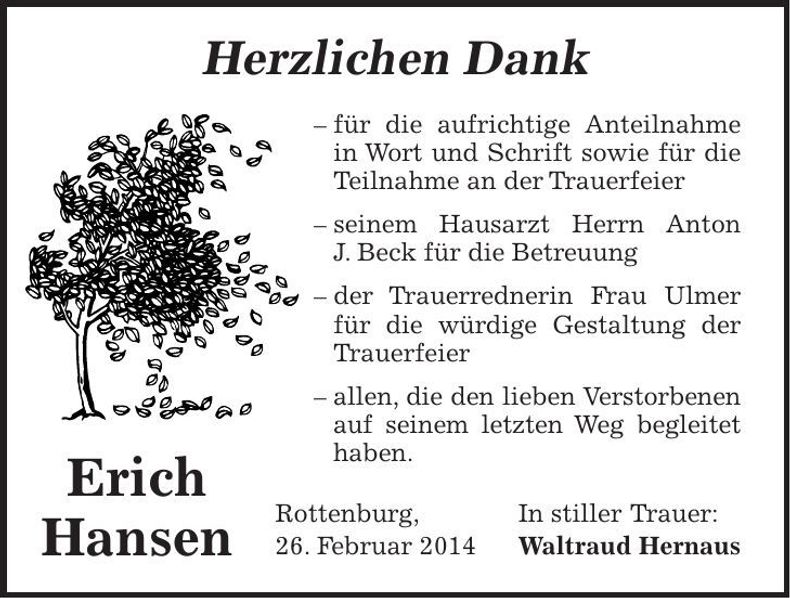 Traueranzeige Erich Hansen