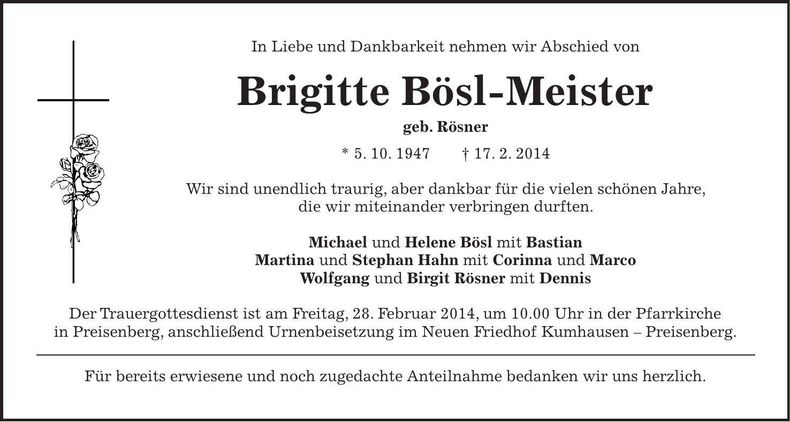 Traueranzeige Brigitte Bösl-Meister